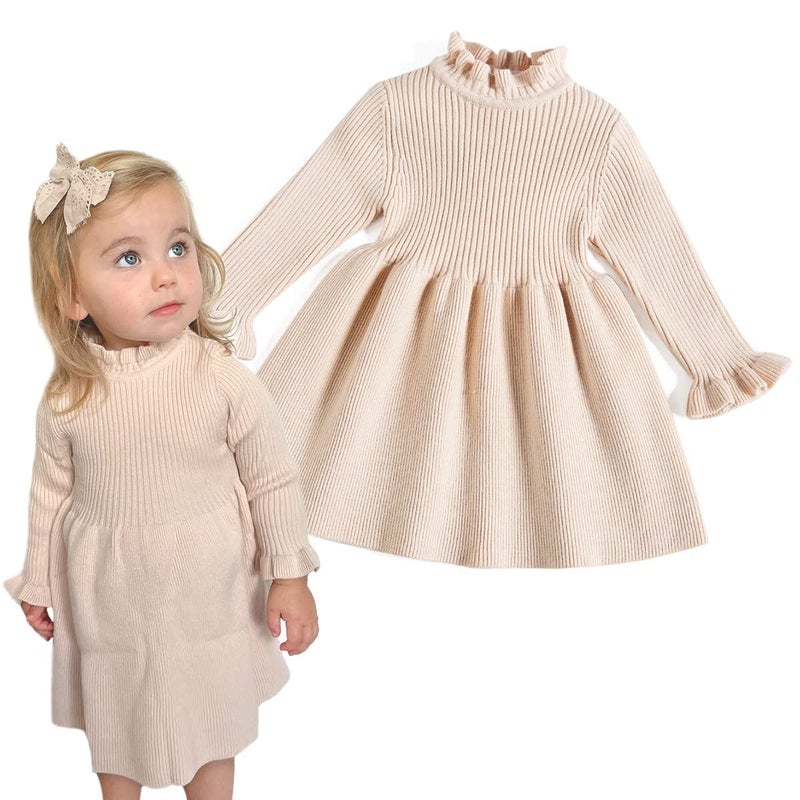 Simplee kids Little Girls' Long Sleeve Girl Dresses Ribbed Knit Sweater Dress Apricot 1-2T - Image 1